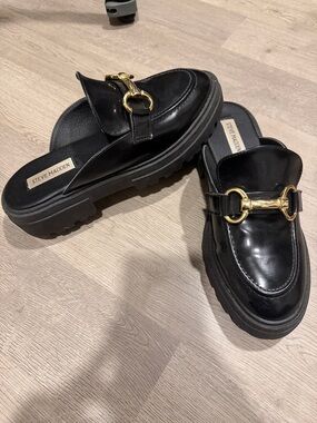 Steve Madden Black Patent Mule Loafers with Gold Horsebit